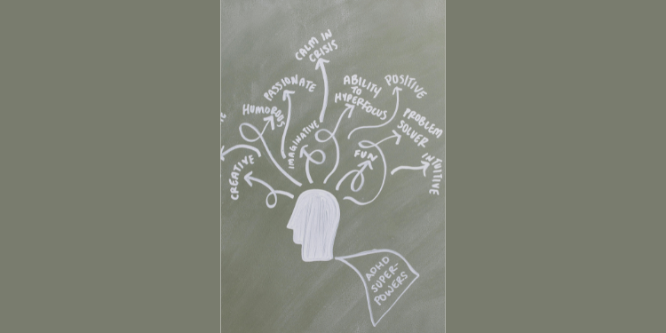 Handwritten list of ADHD superpowers in white chalk on blackboard, highlighting creativity, hyperfocus, and innovative thinking